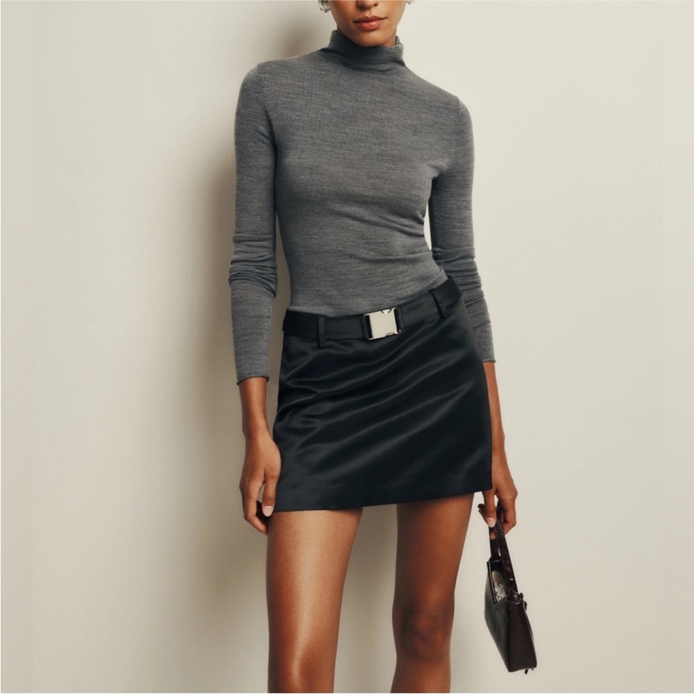 Reformation Black Satin Mini Skirt with Silver Belt